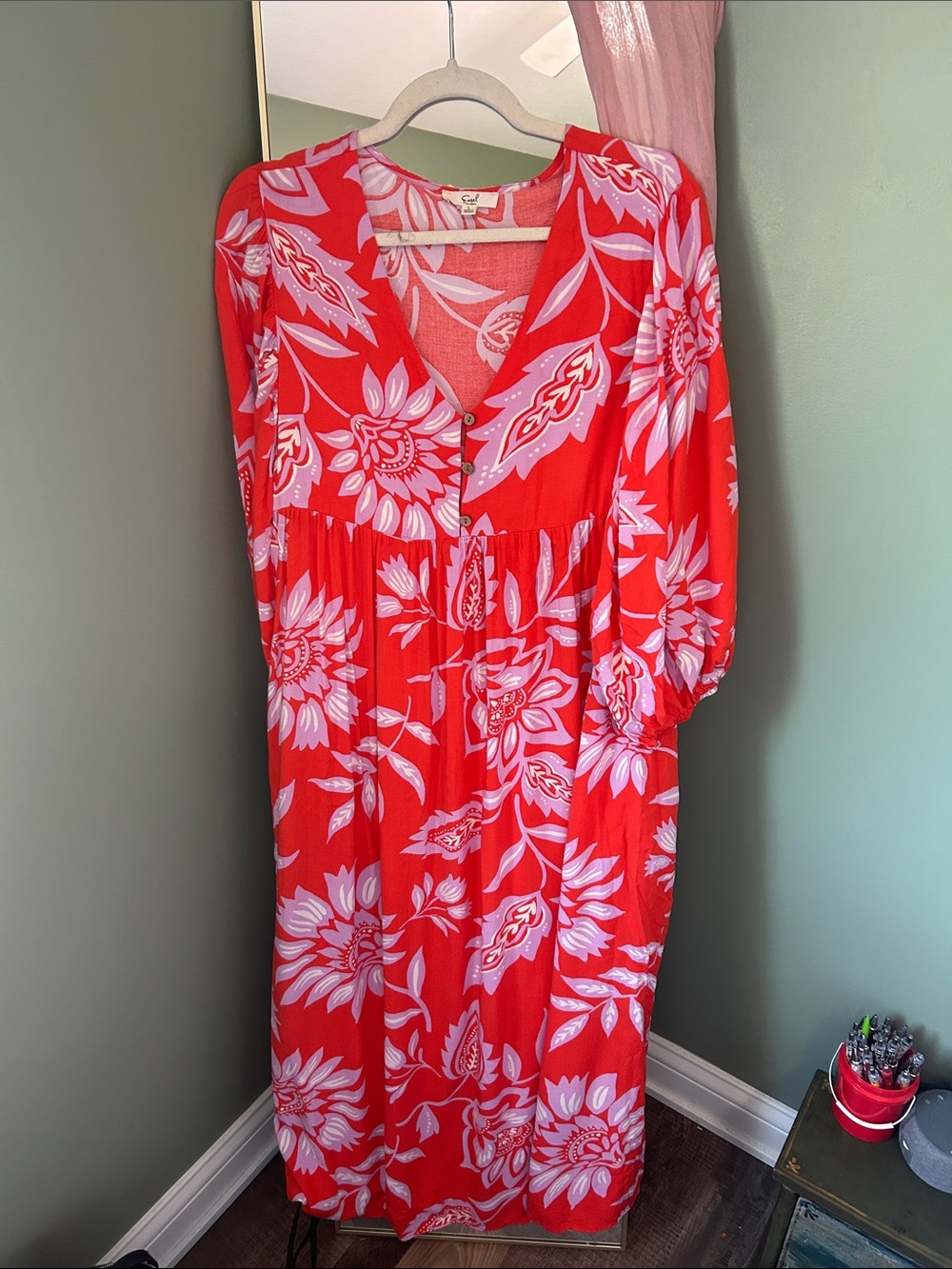 easel Red Floral V-Neck Midi Dress with White Print